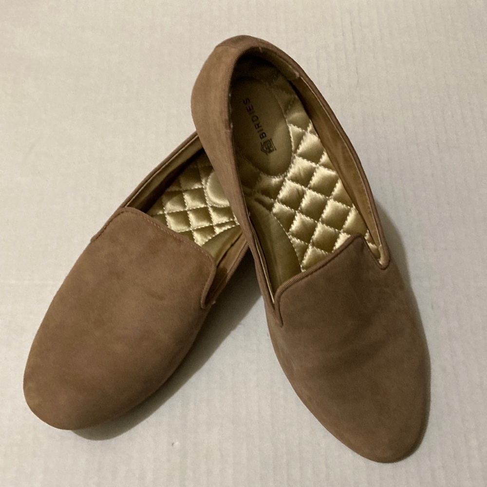 Birdies tan suede slip on shoes